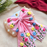 Apsara Pink Hand Embroidered Floral Bow Hair Clip