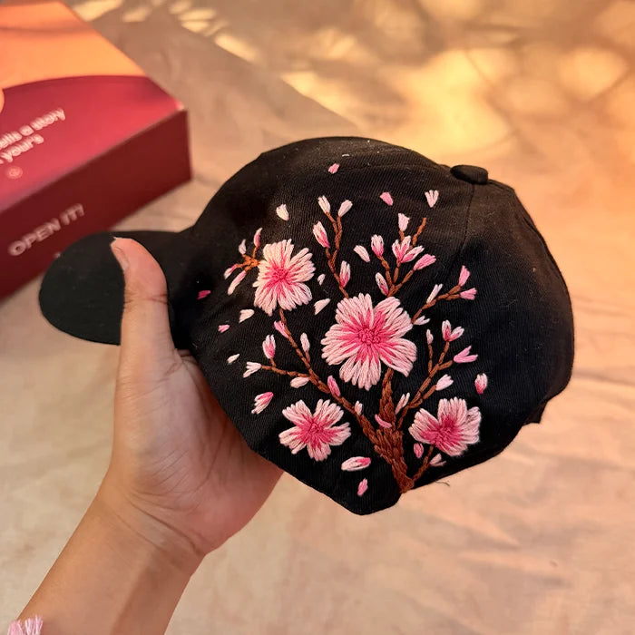 Cherry Blossom Noir – Hand-Embroidered Floral Cap