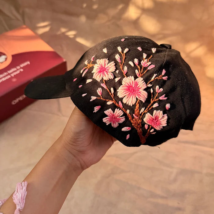 Cherry Blossom Noir – Hand-Embroidered Floral Cap