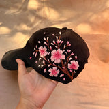 Cherry Blossom Noir – Hand-Embroidered Floral Cap
