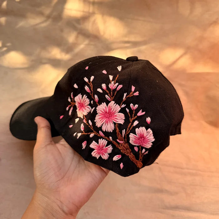 Cherry Blossom Noir – Hand-Embroidered Floral Cap