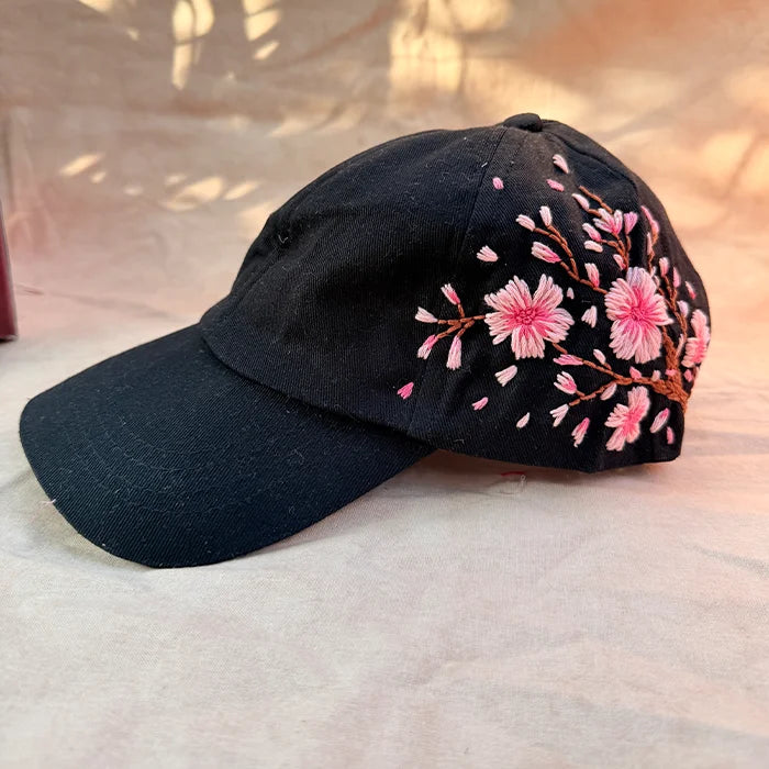 Cherry Blossom Noir – Hand-Embroidered Floral Cap