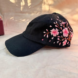 Cherry Blossom Noir – Hand-Embroidered Floral Cap