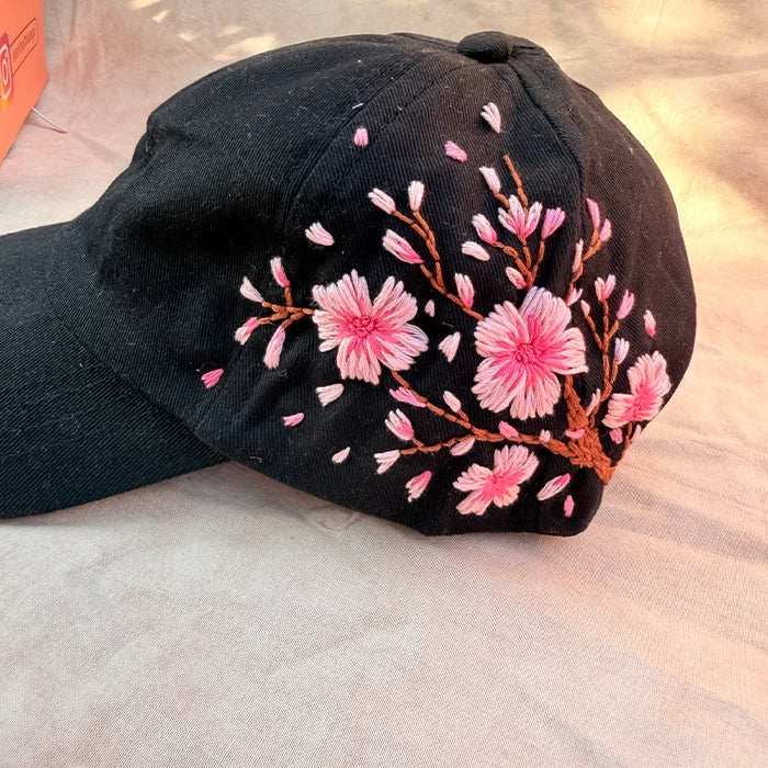 Cherry Blossom Noir – Hand-Embroidered Floral Cap