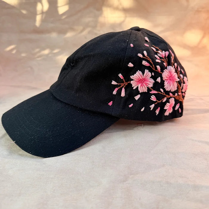 Cherry Blossom Noir – Hand-Embroidered Floral Cap