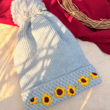 Winter Sunflower Hand-Embroidered Knit Cap with Fluffy Pom-Pom