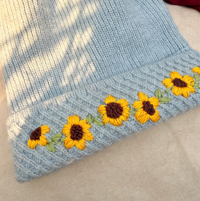 Winter Sunflower Hand-Embroidered Knit Cap with Fluffy Pom-Pom