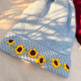 Winter Sunflower Hand-Embroidered Knit Cap with Fluffy Pom-Pom