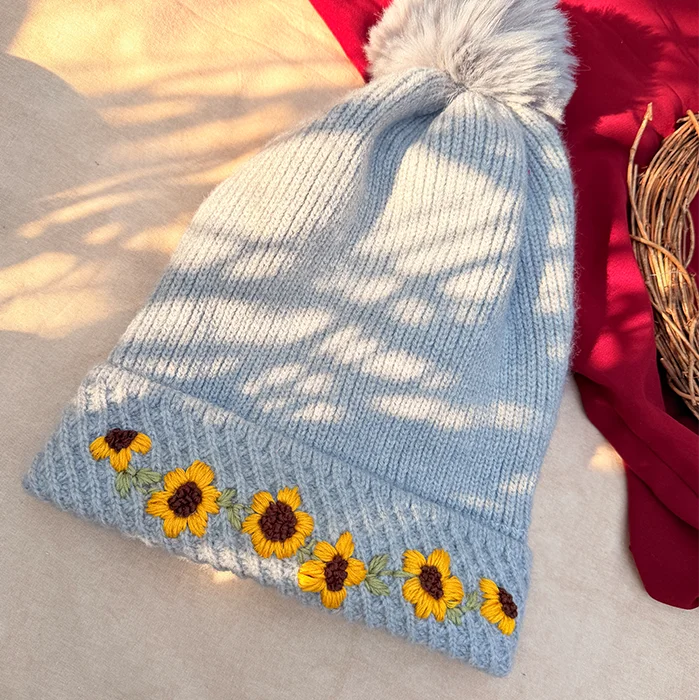 Winter Sunflower Hand-Embroidered Knit Cap with Fluffy Pom-Pom