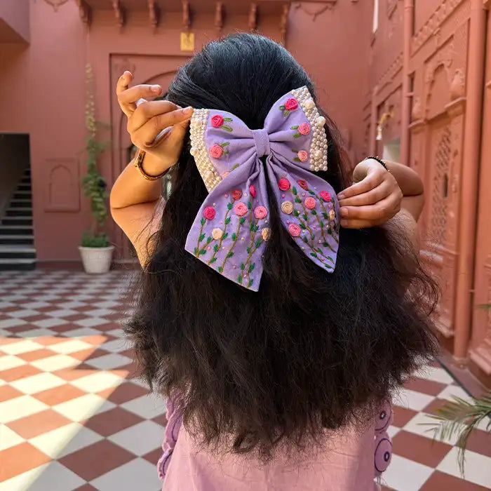 Apsara Lavender Hand Embroidered Floral Bow Hair Clip