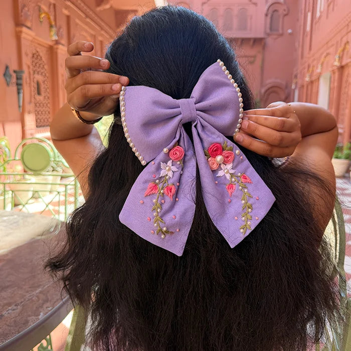 Jiya Re Lavender Hand Embroidered Floral Bow Hair Clip