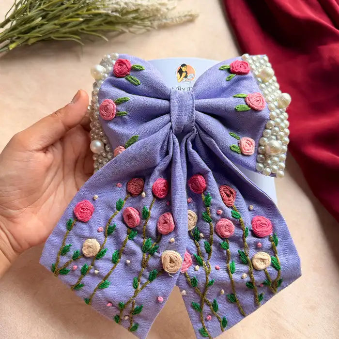 Apsara Lavender Hand Embroidered Floral Bow Hair Clip