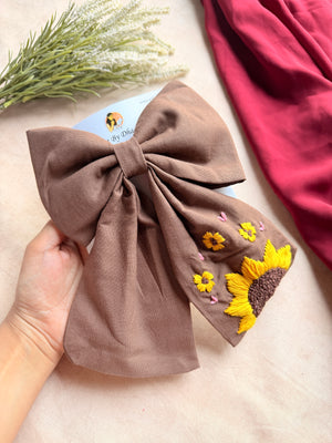 Be My Sunflower Brown Hand Embroidered Bow Hair Clip