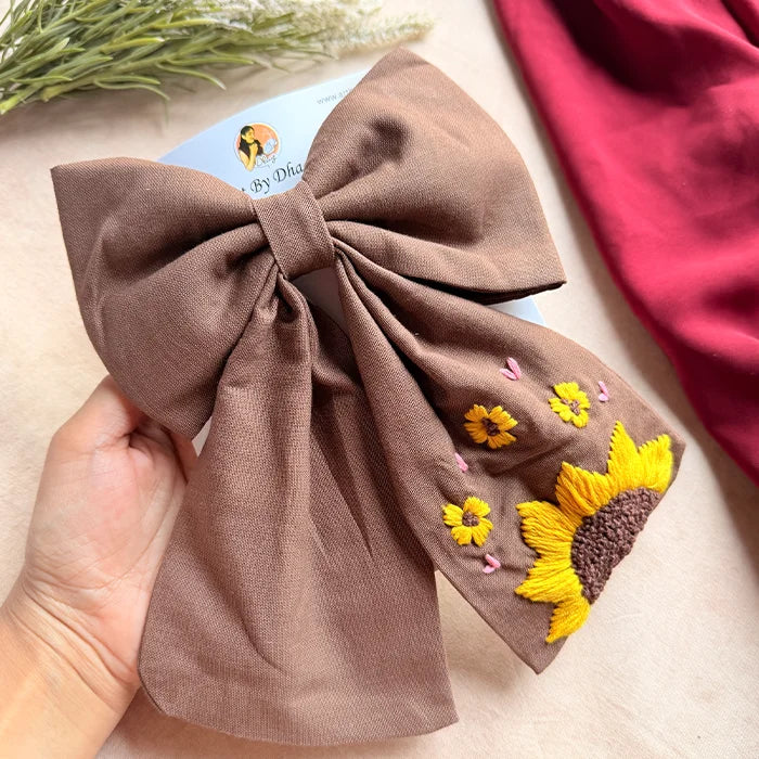 Be My Sunflower Brown Hand Embroidered Bow Hair Clip