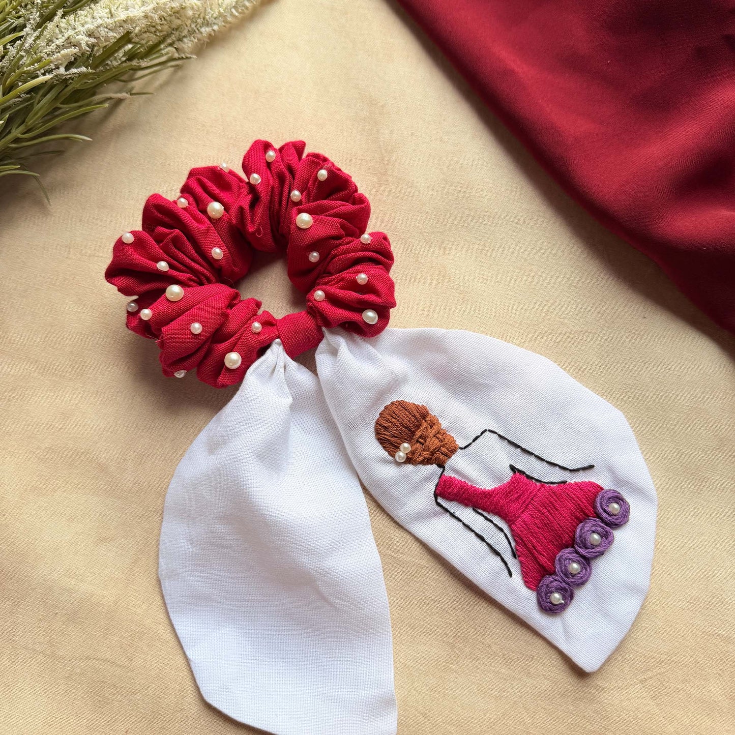Doll Embroidered Pearl Scrunchie Bow