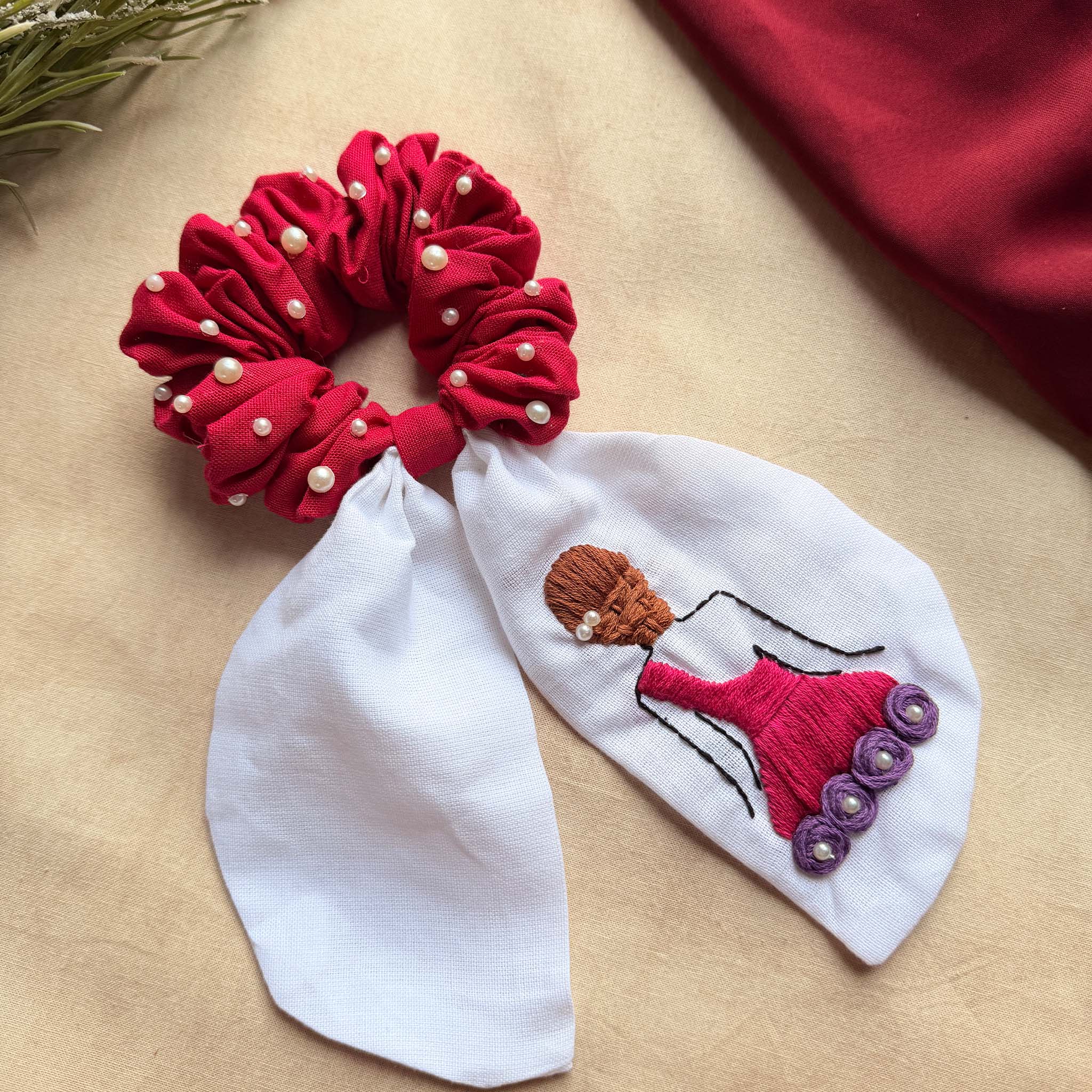 Doll Embroidered Pearl Scrunchie Bow