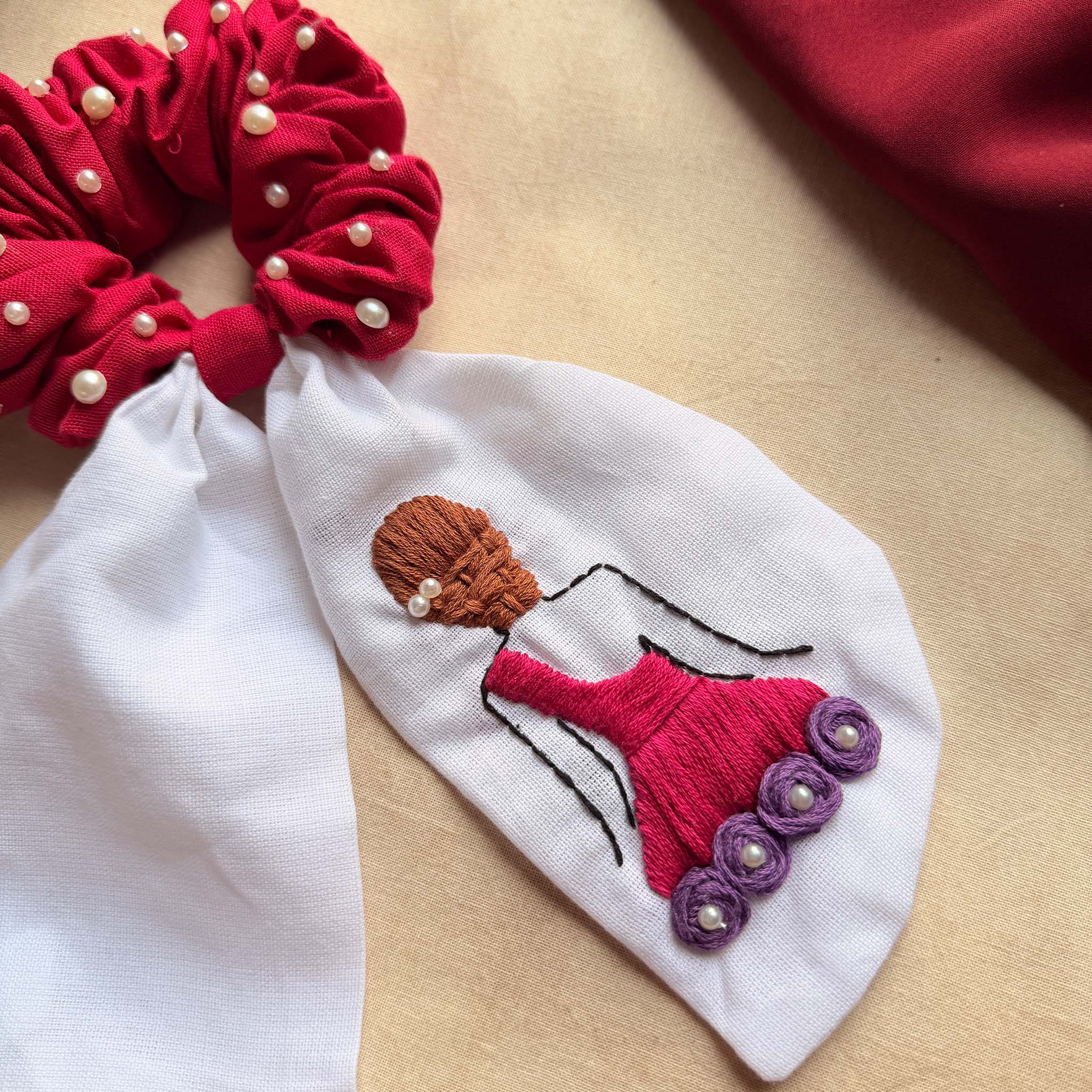 Doll Embroidered Pearl Scrunchie Bow
