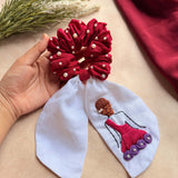 Doll Embroidered Pearl Scrunchie Bow
