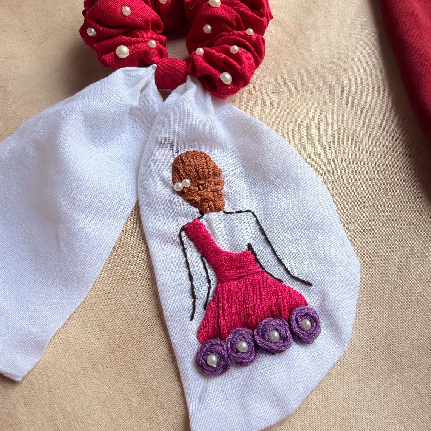 Doll Embroidered Pearl Scrunchie Bow