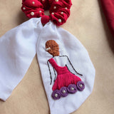 Doll Embroidered Pearl Scrunchie Bow