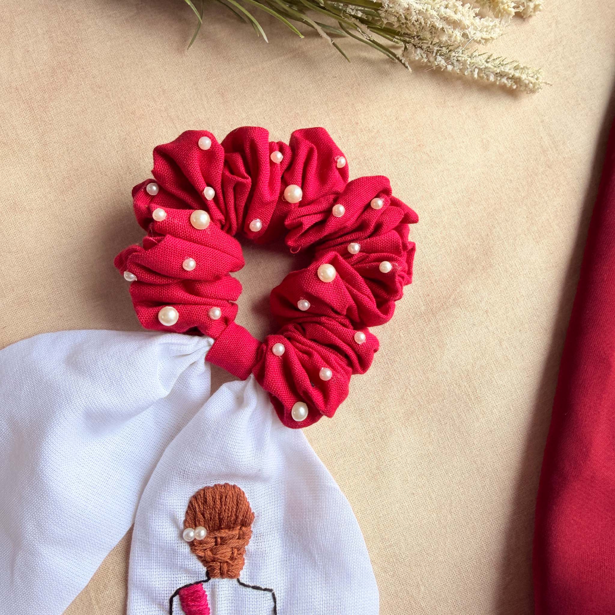 Doll Embroidered Pearl Scrunchie Bow