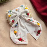 Godavari White Hand Embroidered Floral Bow Hair Clip