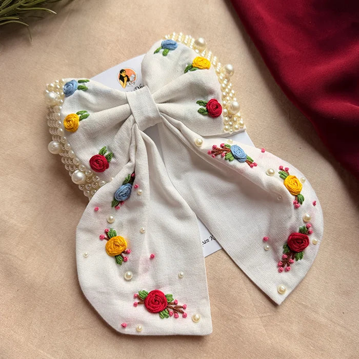 Godavari White Hand Embroidered Floral Bow Hair Clip