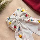 Godavari White Hand Embroidered Floral Bow Hair Clip
