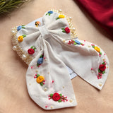 Godavari White Hand Embroidered Floral Bow Hair Clip