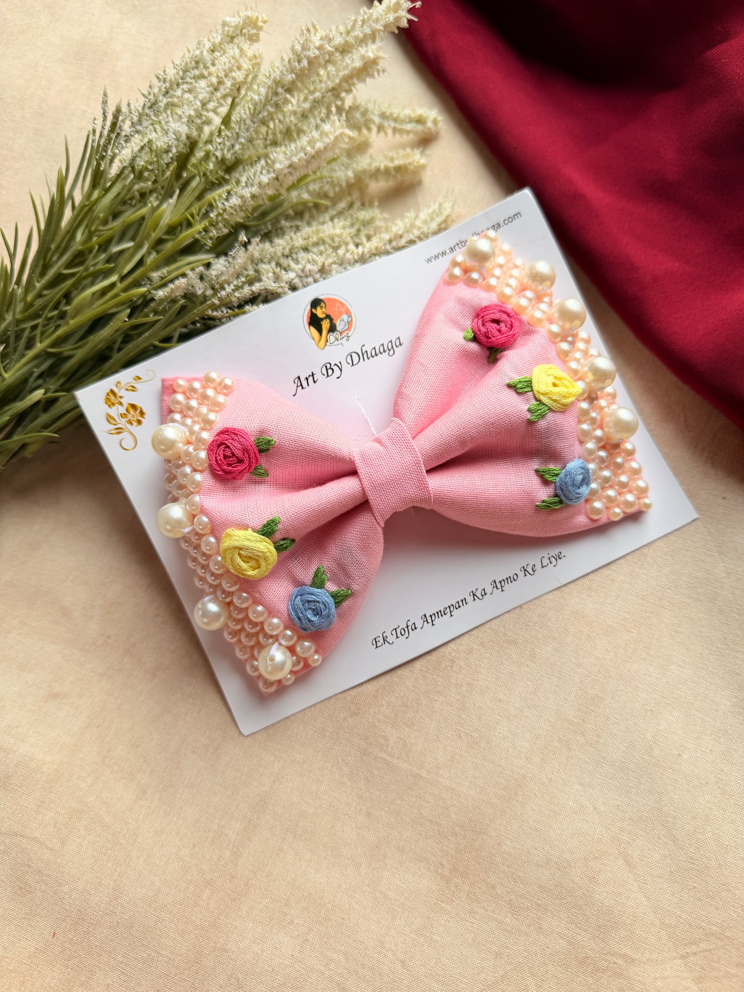 Floral Pink Noor Mini Pearl Bow