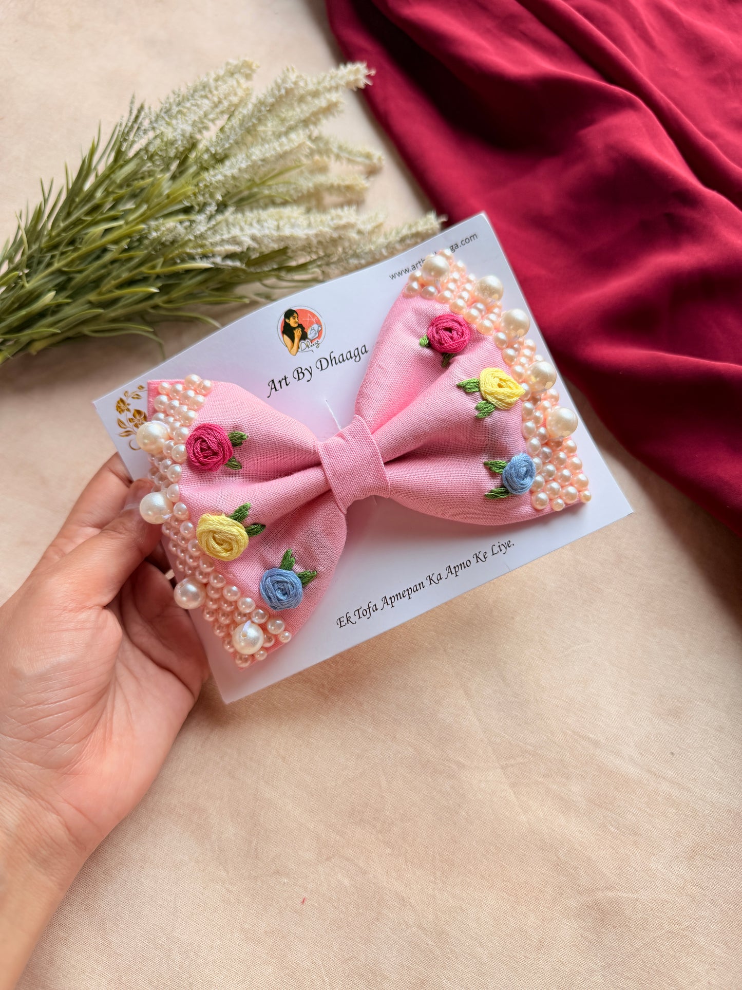 Floral Pink Noor Mini Pearl Bow