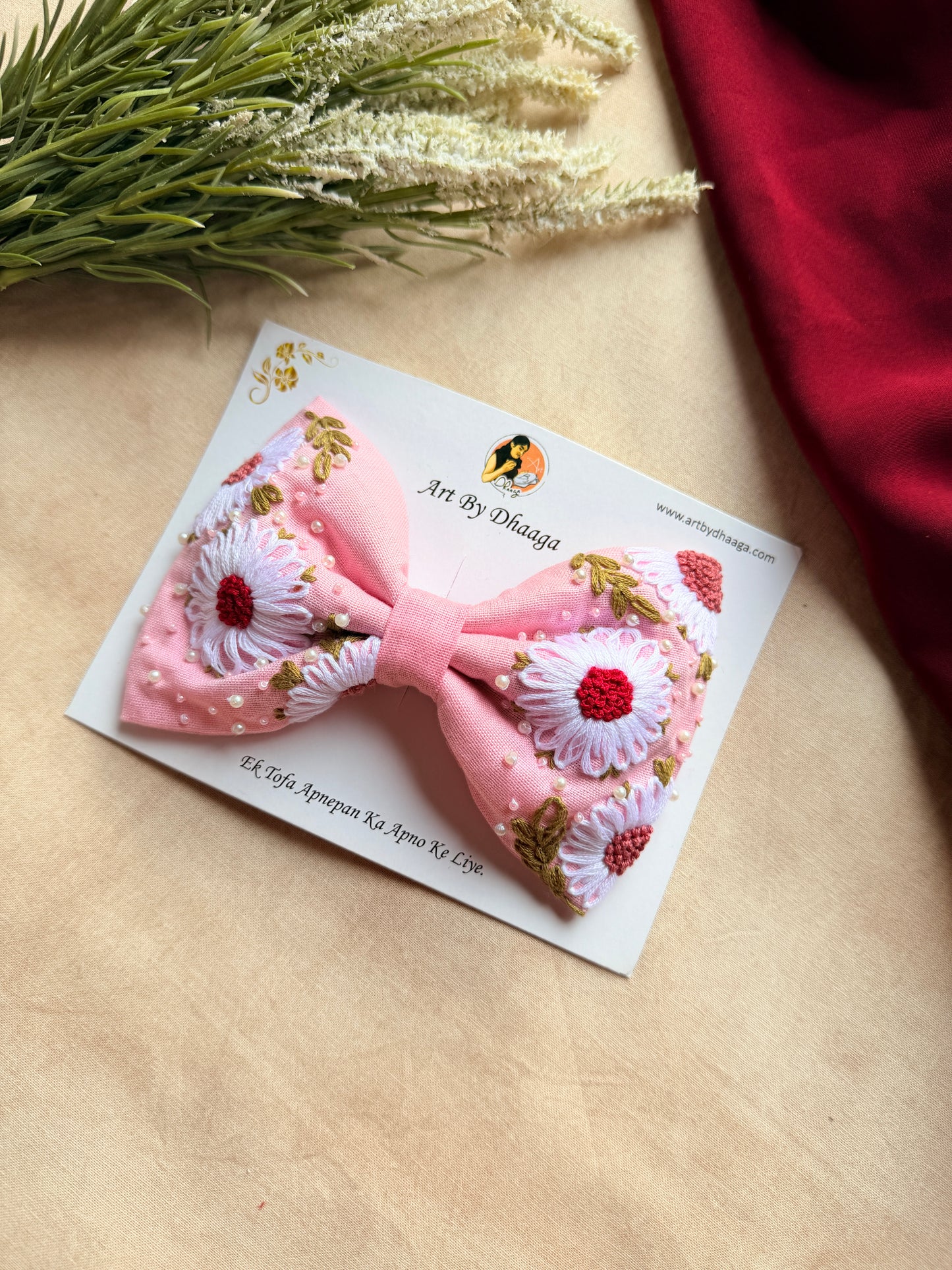 Aarya Pink Hand Embroidered Daisy Bow Hair Clip