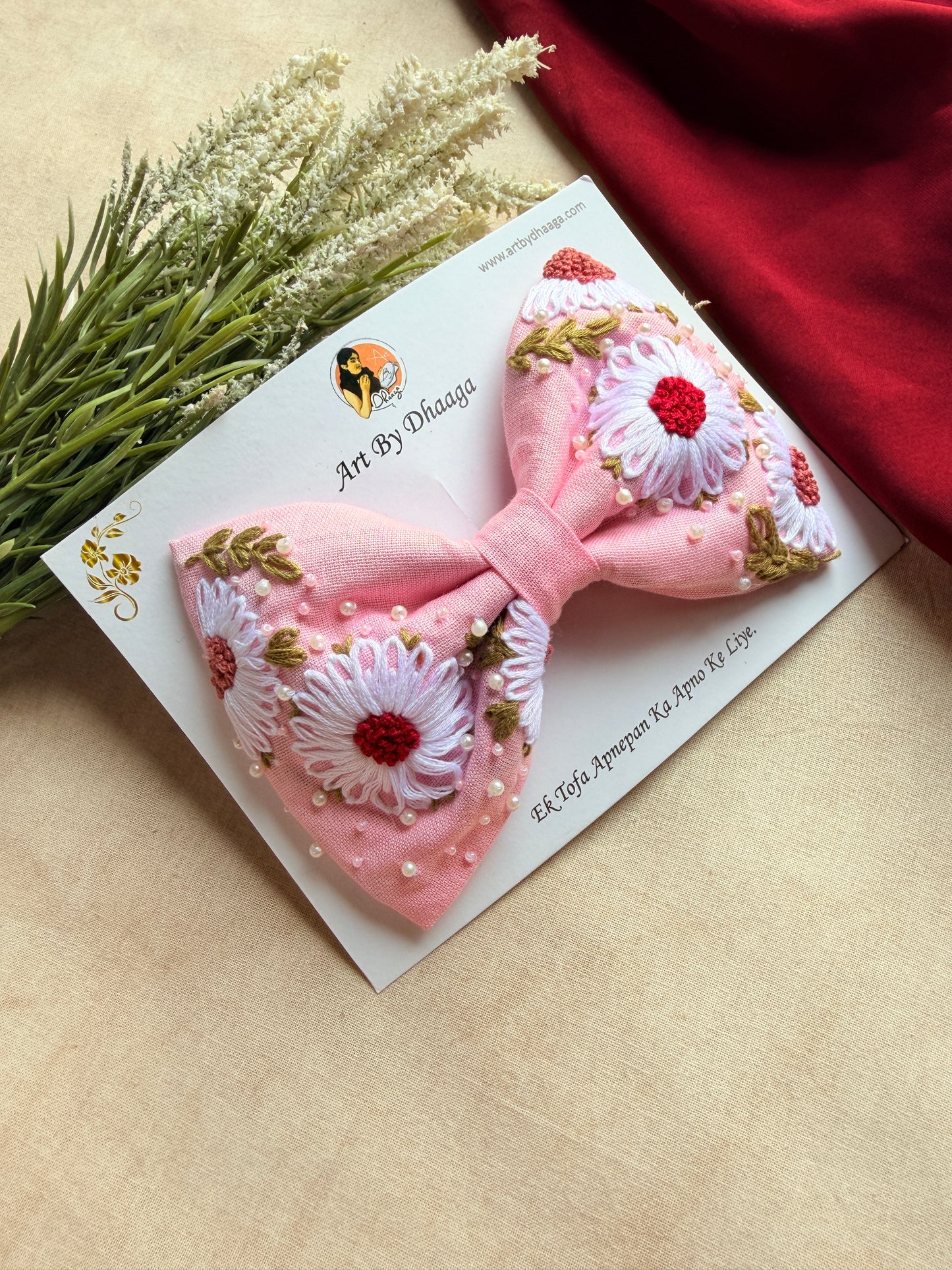 Aarya Pink Hand Embroidered Daisy Bow Hair Clip