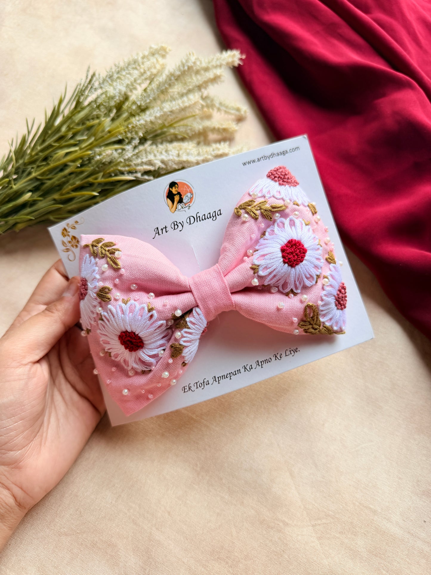 Aarya Pink Hand Embroidered Daisy Bow Hair Clip