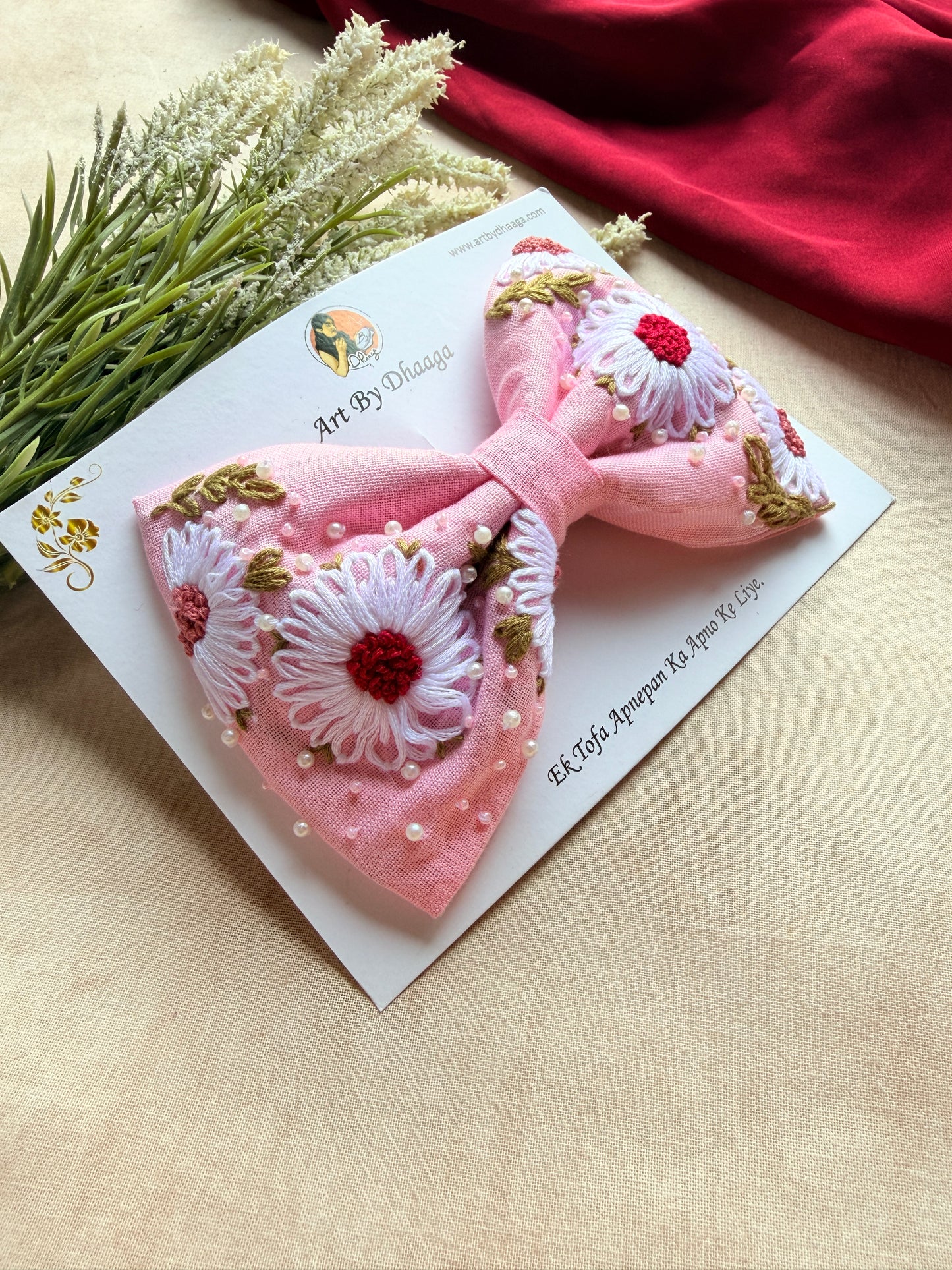 Aarya Pink Hand Embroidered Daisy Bow Hair Clip