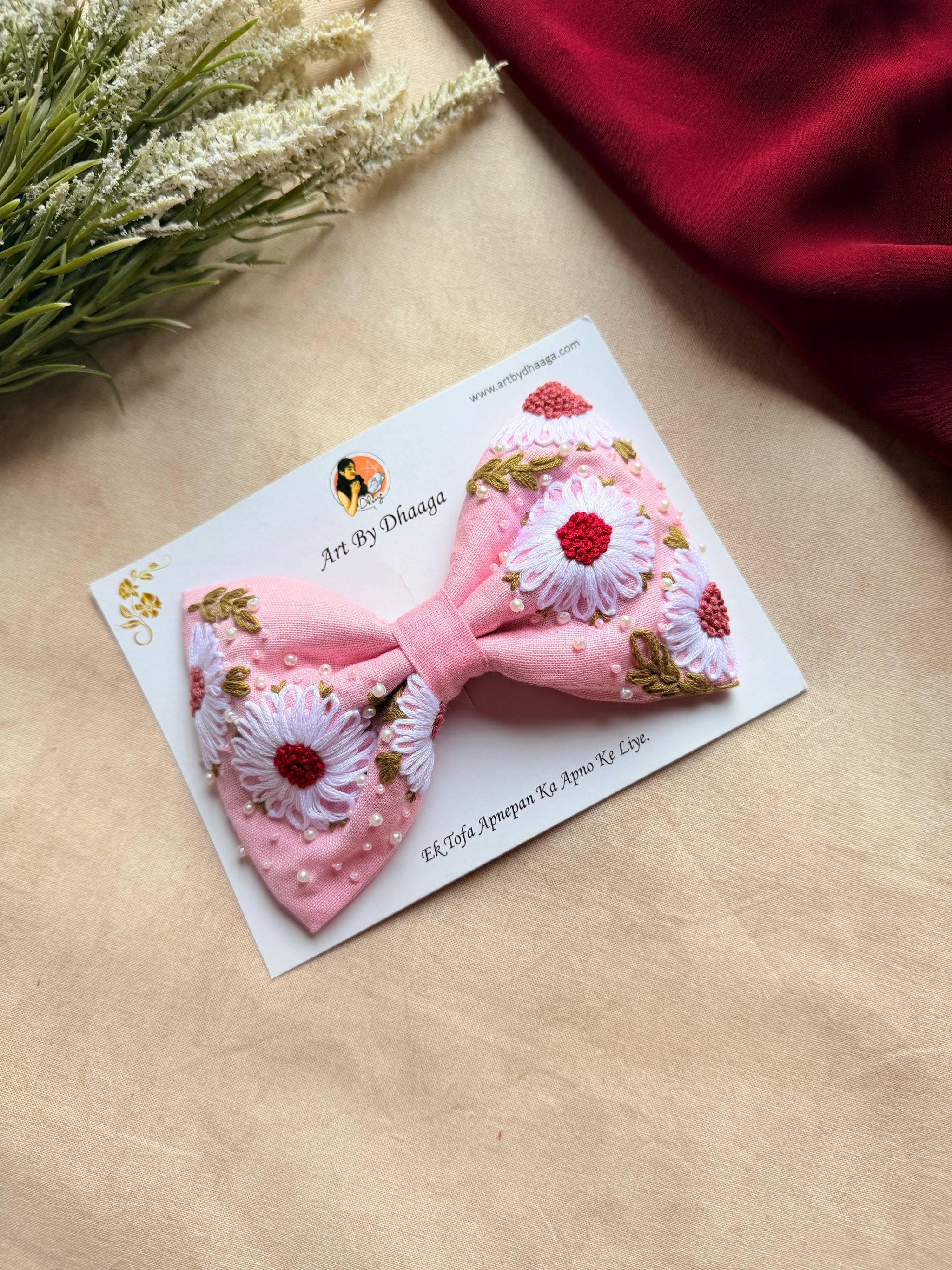Aarya Pink Hand Embroidered Daisy Bow Hair Clip
