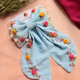 Godavari Sky Blue Hand Embroidered Floral Bow Hair Clip