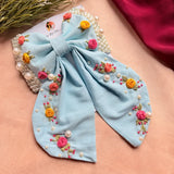 Godavari Sky Blue Hand Embroidered Floral Bow Hair Clip