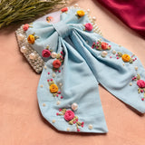 Godavari Sky Blue Hand Embroidered Floral Bow Hair Clip
