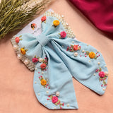 Godavari Sky Blue Hand Embroidered Floral Bow Hair Clip