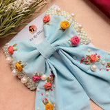 Godavari Sky Blue Hand Embroidered Floral Bow Hair Clip
