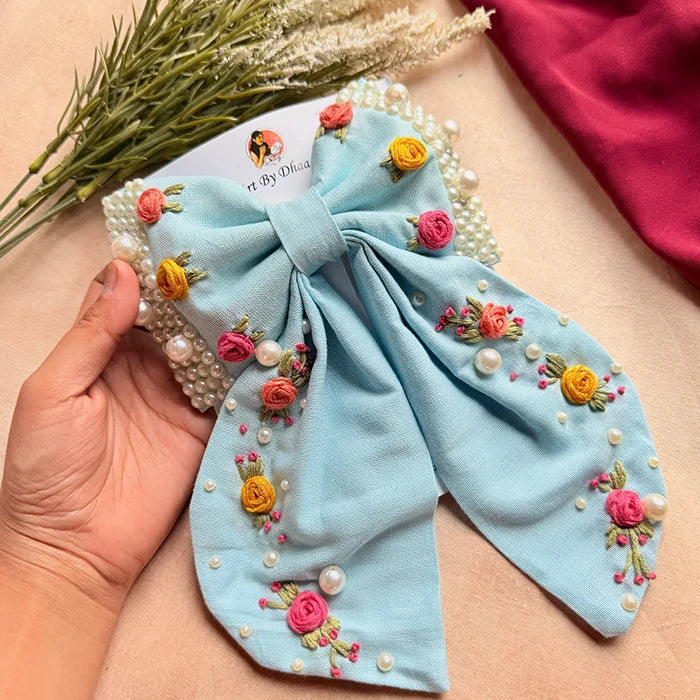 Godavari Sky Blue Hand Embroidered Floral Bow Hair Clip