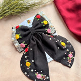 Godavari Black Hand Embroidered Floral Bow Hair Clip