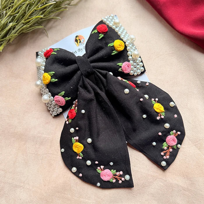 Godavari Black Hand Embroidered Floral Bow Hair Clip