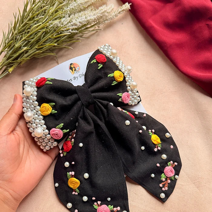 Godavari Black Hand Embroidered Floral Bow Hair Clip