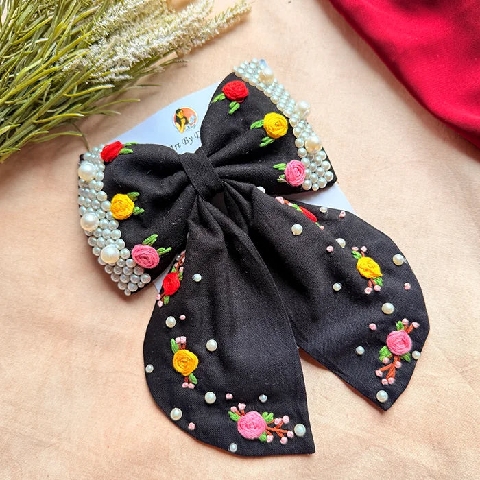 Godavari Black Hand Embroidered Floral Bow Hair Clip