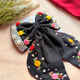 Godavari Black Hand Embroidered Floral Bow Hair Clip
