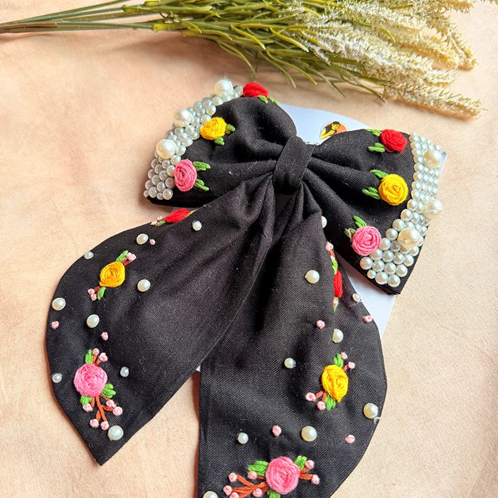Godavari Black Hand Embroidered Floral Bow Hair Clip