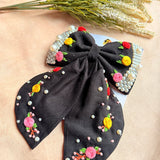 Godavari Black Hand Embroidered Floral Bow Hair Clip