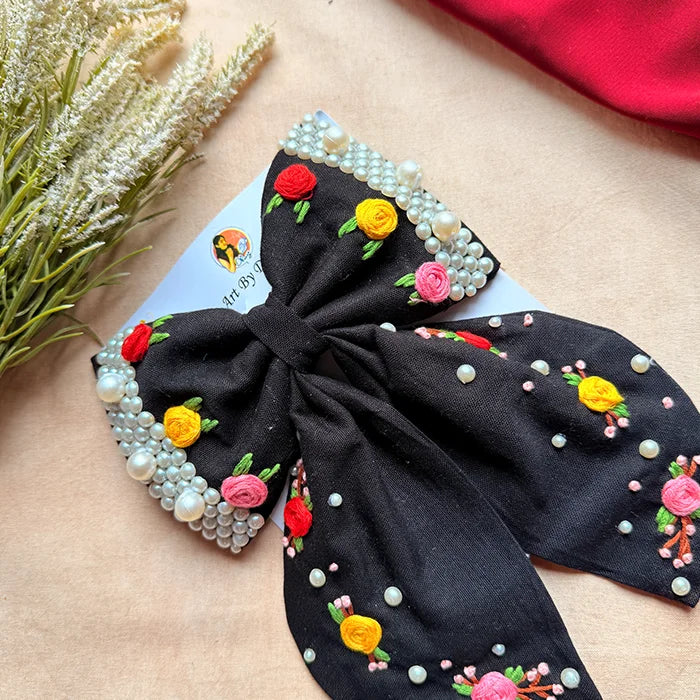 Godavari Black Hand Embroidered Floral Bow Hair Clip